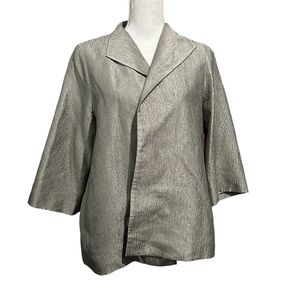 Eileen Fisher 100% Silk Gray Metallic Open front Blazer